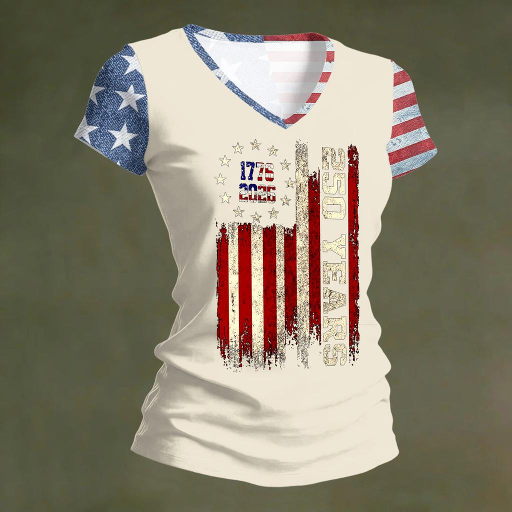 Women’s V Neck Lightweight Short Sleeve Top with Distressed Flag and 250 Years Print for Spring Summer Casual Wear
