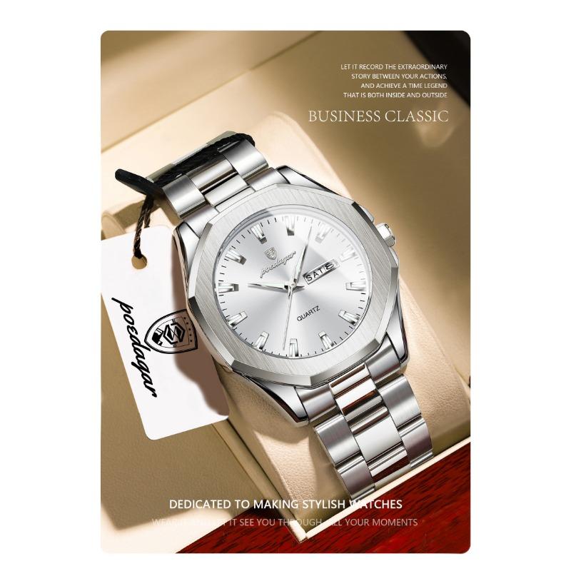 POEDAGAR Luxury Men Wristwatch Waterproof Luminous Week Date Casual Clock Stainless Steel Quartz Fashion Watches Reloj