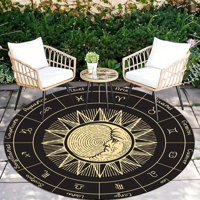 1pc Polyester Constellation Round Rug - Sun Moon Zodiac Printed Non-Slip Mat for Patio, Garden, Bedroom, Living Room