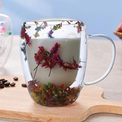 Getrocknete Blume Doppel Wand Klar Glas Kaffee Becher 250/350ml Isolierte Glas Tasse für