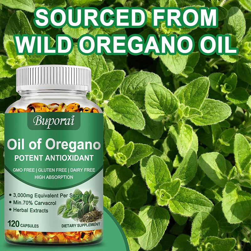 Buporai Capsule Estratto di Olio di Origano, 3000 mg per porzione, forniscono supporto immunitario, potenziano il sistema immunitario e promuovono la salute intestinale.
