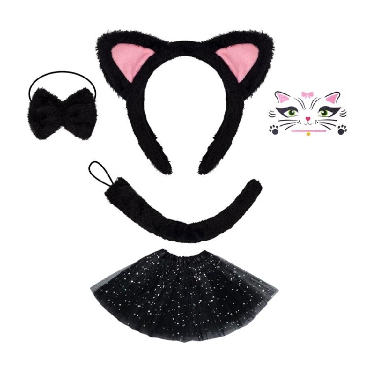 Kids Animal Costume Cats Ears Headband Bowtie Tutu Skirt Tail Set Cats Costumes Accessories for Halloween Party Decors