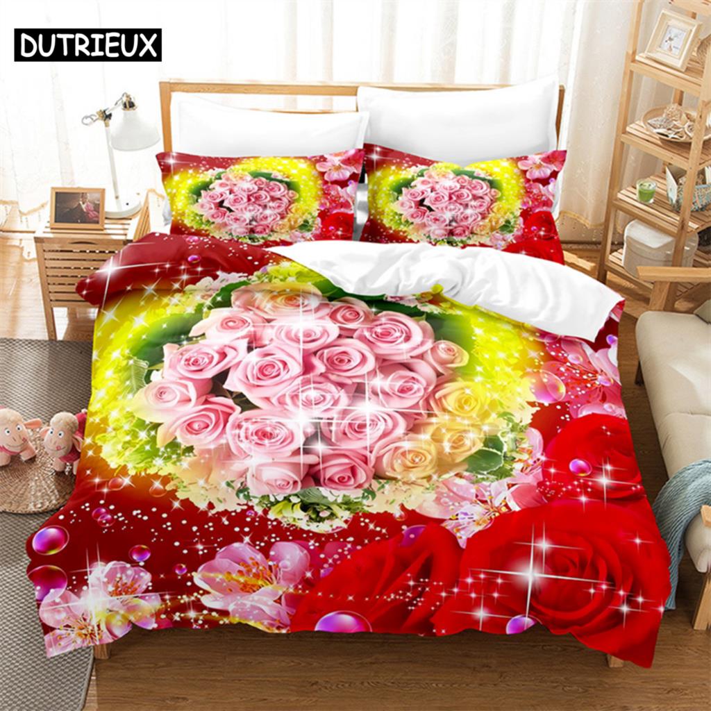 

Flower Duvet Cover Set Double Bed Single Red Rose Quilt Cover Thin 3D Comforter Bedding Sets 3pcs 2Pcs King Size Full Wedding (135x200cm)&Duvet Cover