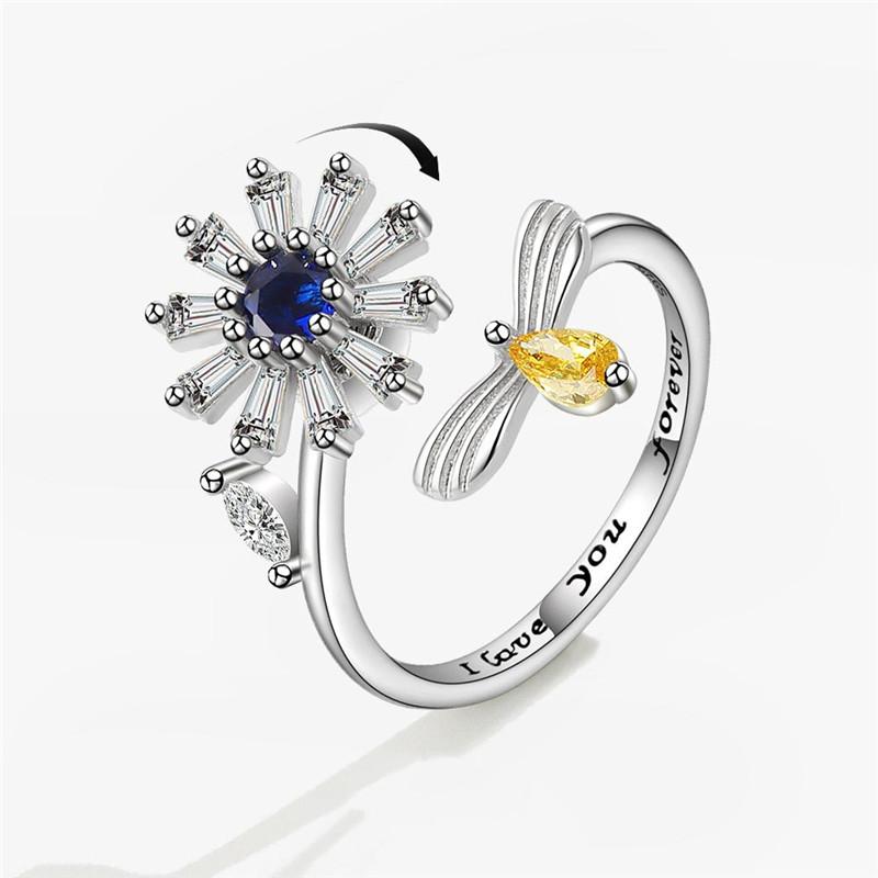Mote Fidget Spinner Ring Angst for Kvinner Flere Krystall Solsikke Fingerringer Roter Anti Stress Zirkon Bryllupsgave