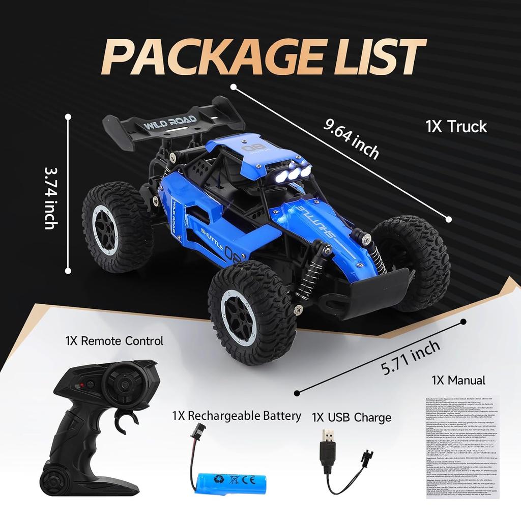 1:16 RC Car All Terrain Monster Truck LED Headlights Outdoor 2WD Off-Road Hobby RC 2.4GHz 20Km/h Remote Control Car Toy Gift Kid