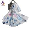[BYSIFA] Women Chiffon Pure Silk Scarf Cherry Blossom Floral Design Long 100% Silk Shawl Scarf Purple Pink Silk Scarves Echarpes