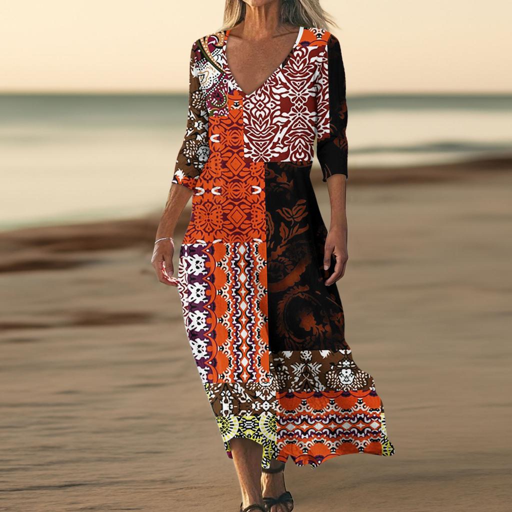 Dresses For Womens Vintage Print Tunic Waisted Midi Dress Summer Casual  3/4 Sleeve Dress
