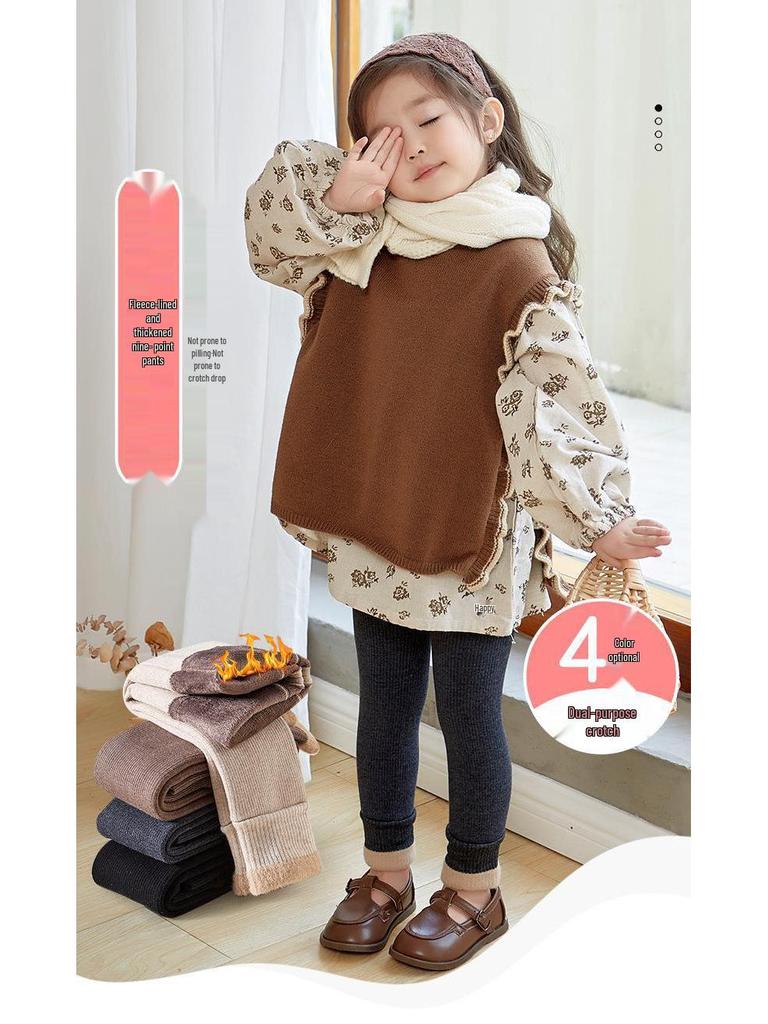 Girls' Fleece-Lined Warm Pants with Fur-Trimmed Cuffs for Autumn and Winter