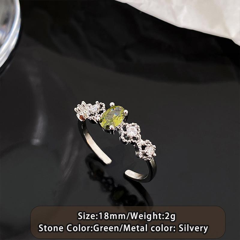 

French-style High-end Olive Green Zircon Encrusted Metal Open Rings 2026 Fashion Set Jewelry Sexy Accessory For Women Finger 7&Silver Plated