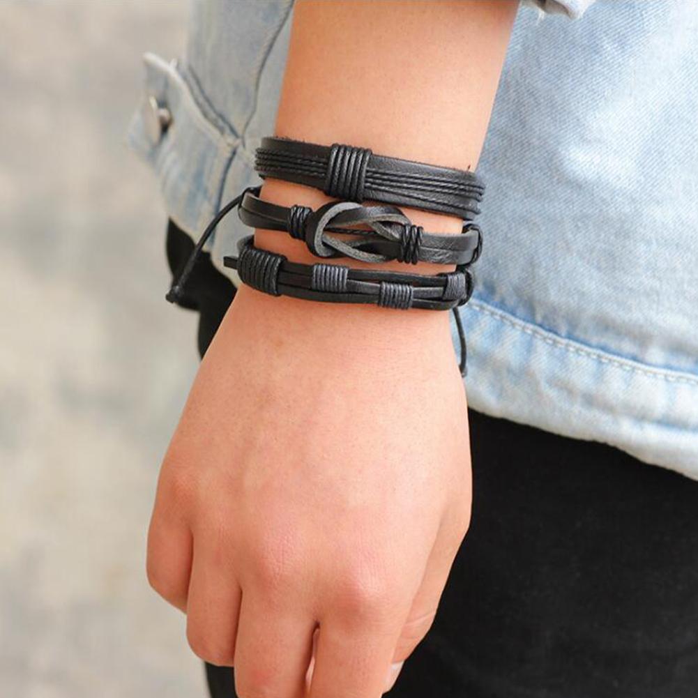 5Pcs/Set Men Fashion Leather Wax Rope Braided Bracelet