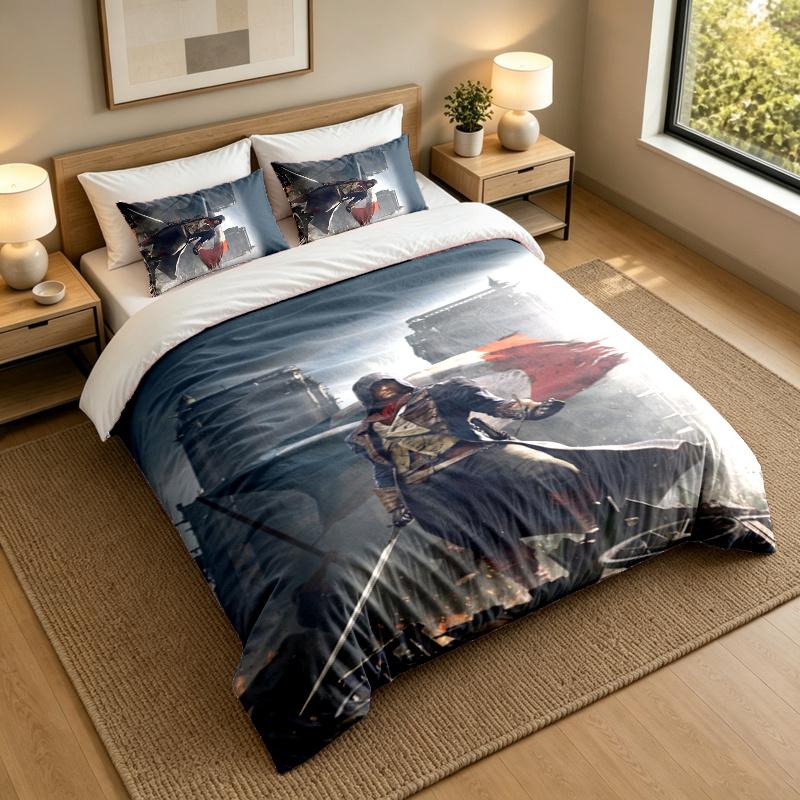 3-Piece Bed Sheet Set with Assassin's Creed Design, 1 Flat Sheet and 2 Pillowcases for Bedroom