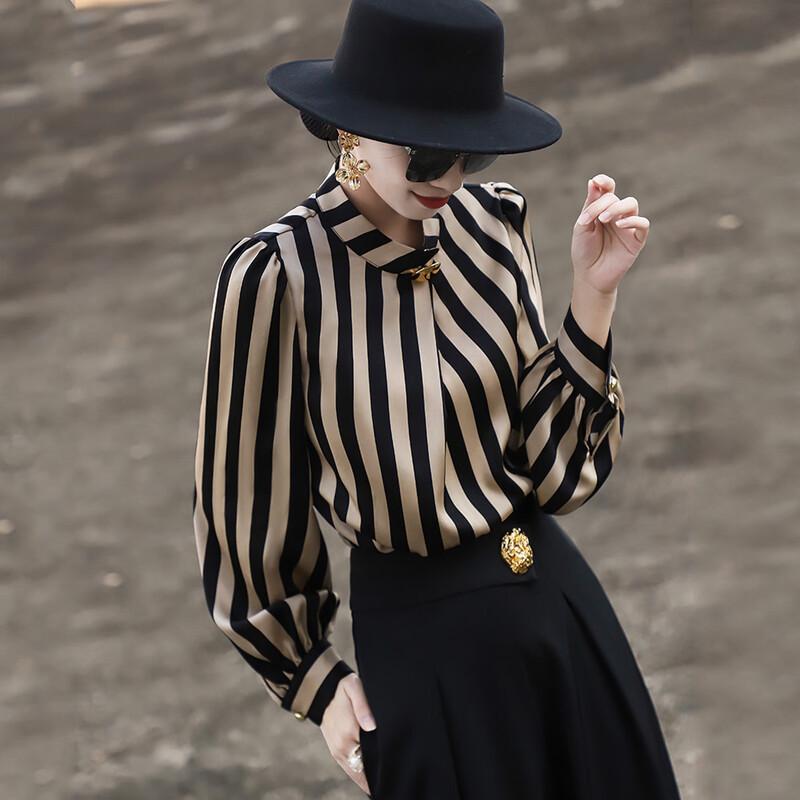 Women s Striped Stand-Collar Long-Sleeve Shirt L