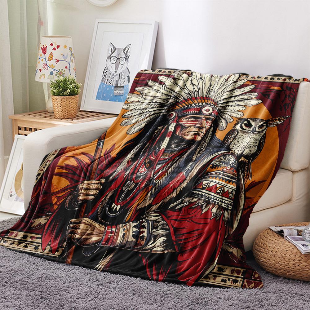 Native Americans and Animals  Print Flannel Blanket, High Quality Comfortable for All Seasons, Home Decor, Warmth and Comfort