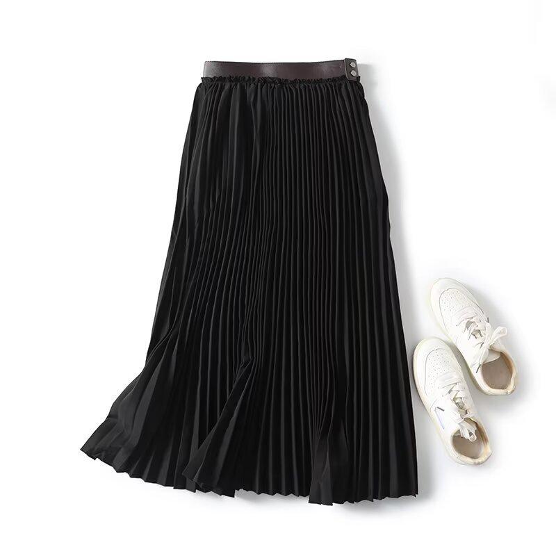 

Women s 2025 Spring Slimming Casual A-Line Pleated Midi Skirt M чёрный