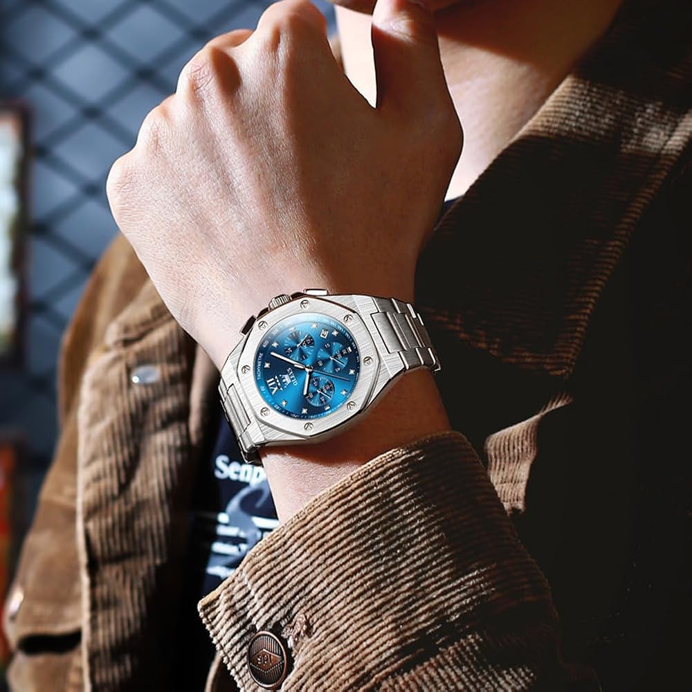 Olevs Men's Octagonal Silver Watch Waterproof Analog Quartz Stainless Steel Dress Business Timepiece