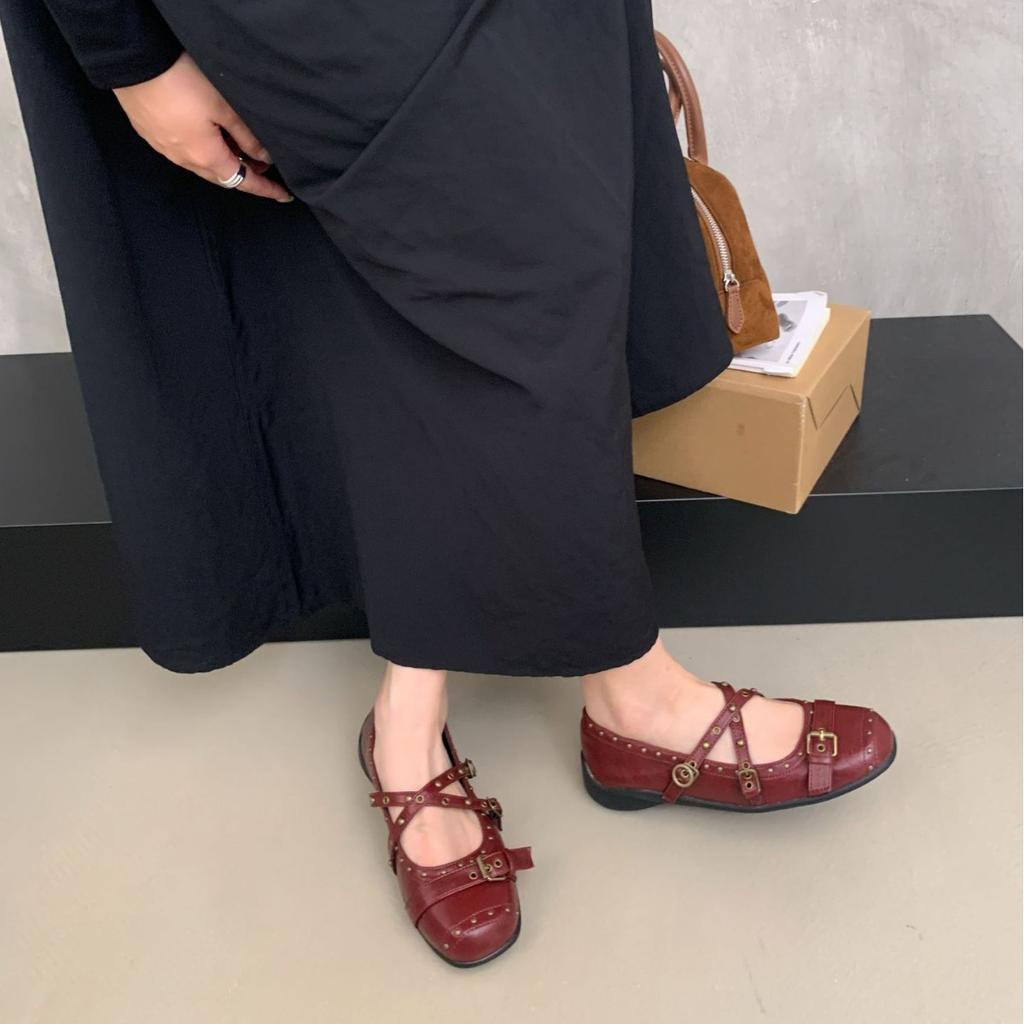 Retro Spice Girl Rivet Shallow Mouth Mary Jane Shoes Women's 2025 Summer New Casual Platform Sports Ballet Shoes