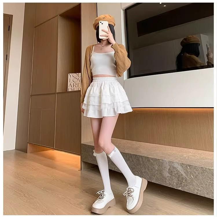 White Lace High-Waisted A-line Pleated Petite Ballet Skirt for Women - Spring/Autumn Short Fluffy Half Skirt