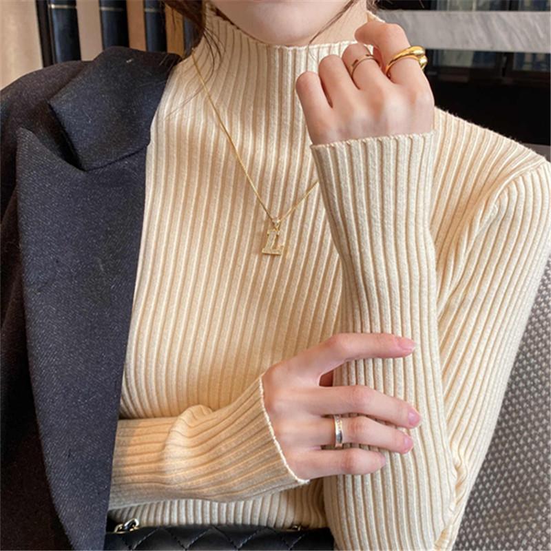 Women's Elegant High Neck Knit Top, Beige, One Size - Autumn/Winter Collection