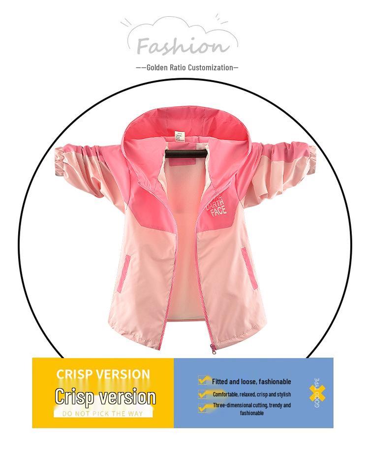Girls' Spring and Autumn Color Block Windbreaker: Children's Fashionable Hooded Jacket