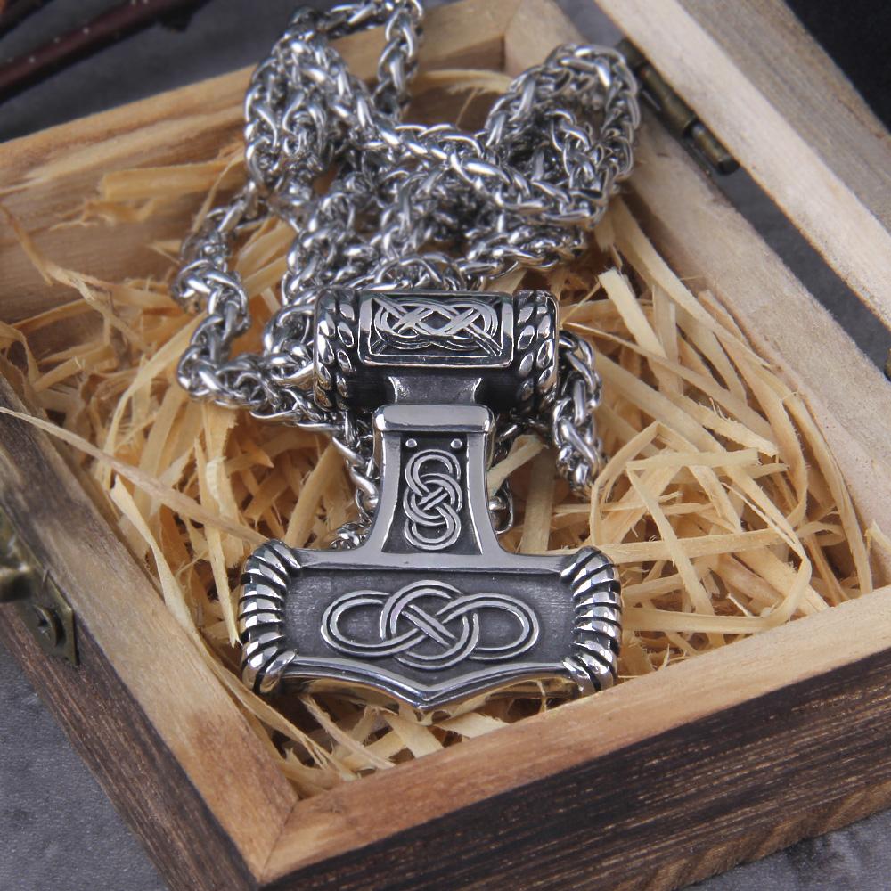 stainless steel thor hammer mjolnir pendant necklace viking norse scandinavian jewelry with wooden box never fade 70cm серебряный
