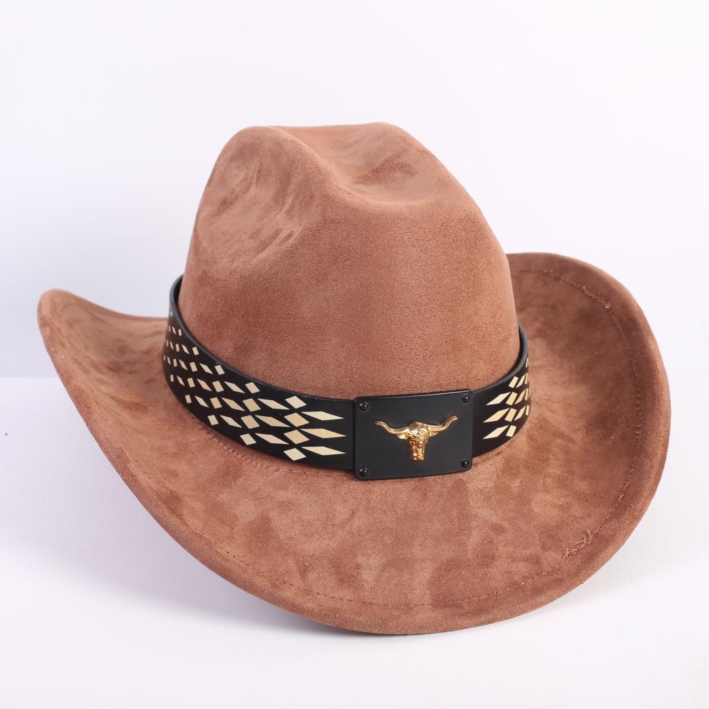New Western Cowboy Hat Men's and Women's Versatile Wide Brim Top Hat Sun Hat Simple Bull Head Hat Strap