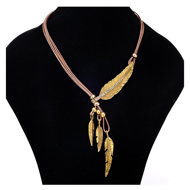 Fashion Bohemian Feather Leaf Pattern Pendant Necklace Women Zircon Rhinestone Black Brown Rope Chain Vintage Ethnic Zircon