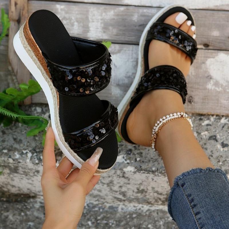 

2024 Новые пляжные сандалии с открытым носком и плоской подошвой, женские босоножки на танкетке, женская обувь класса люкс, женская обувь zapatos de mujer 36 чёрный