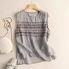 women geometric embroidery sleeveless top round neck casual loose fit linen blend tank top