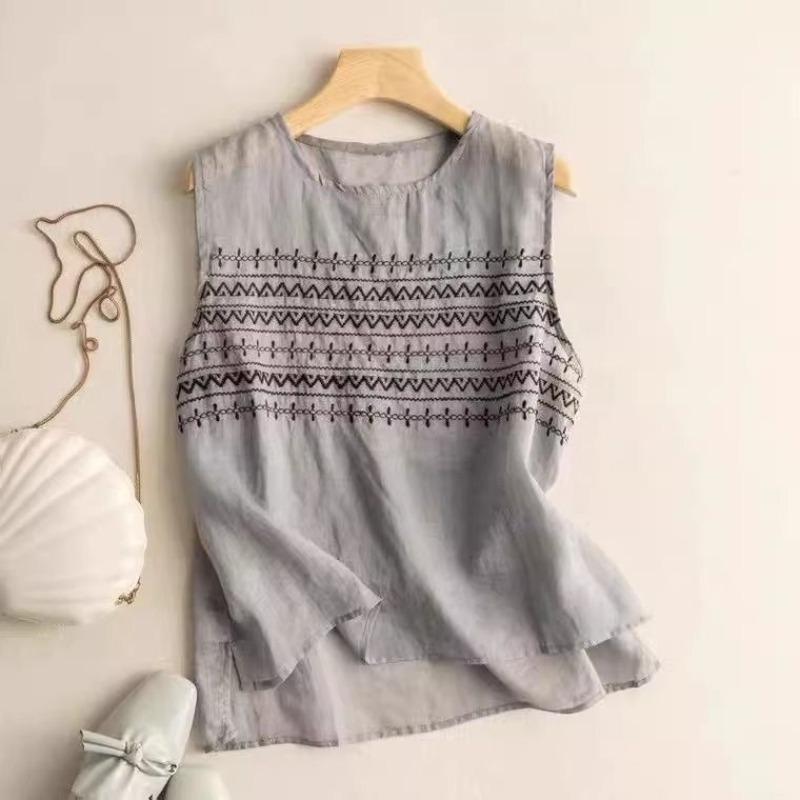women geometric embroidery sleeveless top round neck casual loose fit linen blend tank top