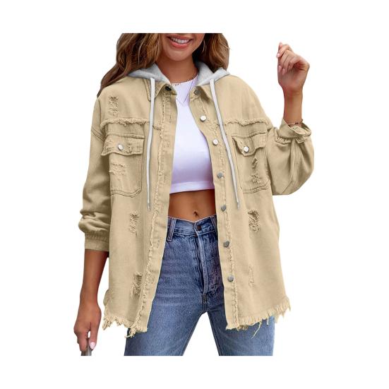 

Жіноча джинсова куртка з капюшоном Оверсайз Потерта Рвана Джинсова Пальто На Кнопках Довгий Рукав Осінь Весна Верхній Одяг S