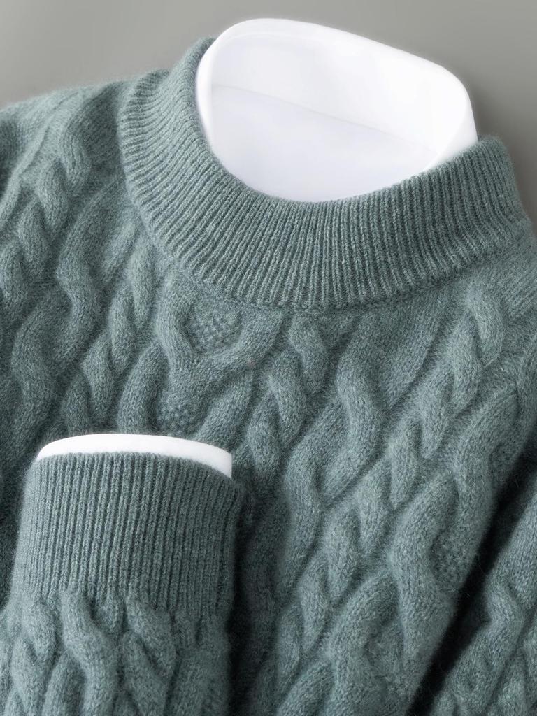Men's 100% Pure Wool Round Neck Sweater – Autumn/Winter Thick Knit, Casual Loose Fit, Inner Cashmere Base Layer.