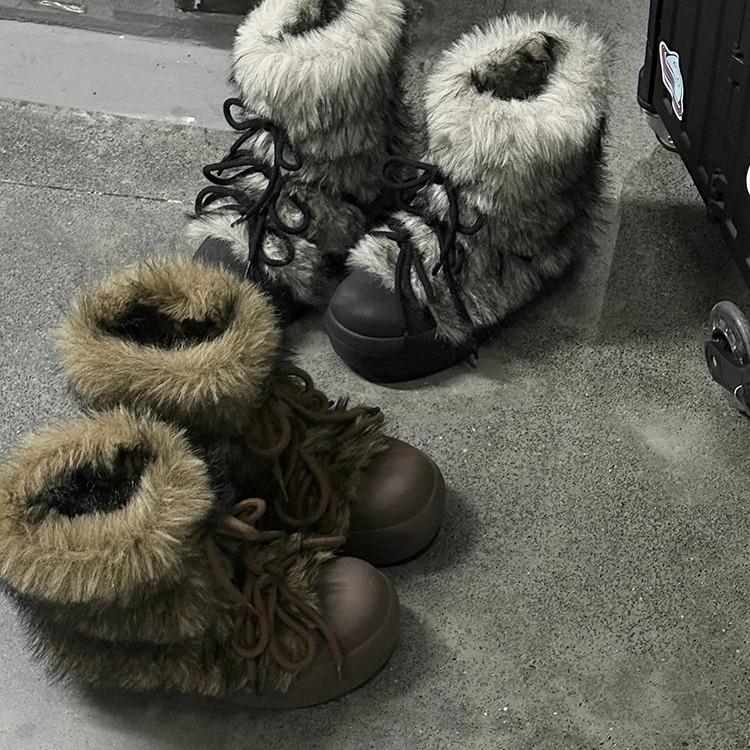 Cowhide version snow boots women's new winter big head thick sole piled and thick fluff outer wear warm cotton shoes