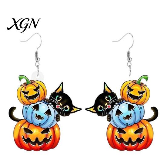 Fun Autumn Seasonal Jewelry 1 Pair Halloween Drop Dangle Earrings for Women, Acrylic Pumpkin Hypoallergenic Sensitive Ears Black Cat Earrings, Holiday