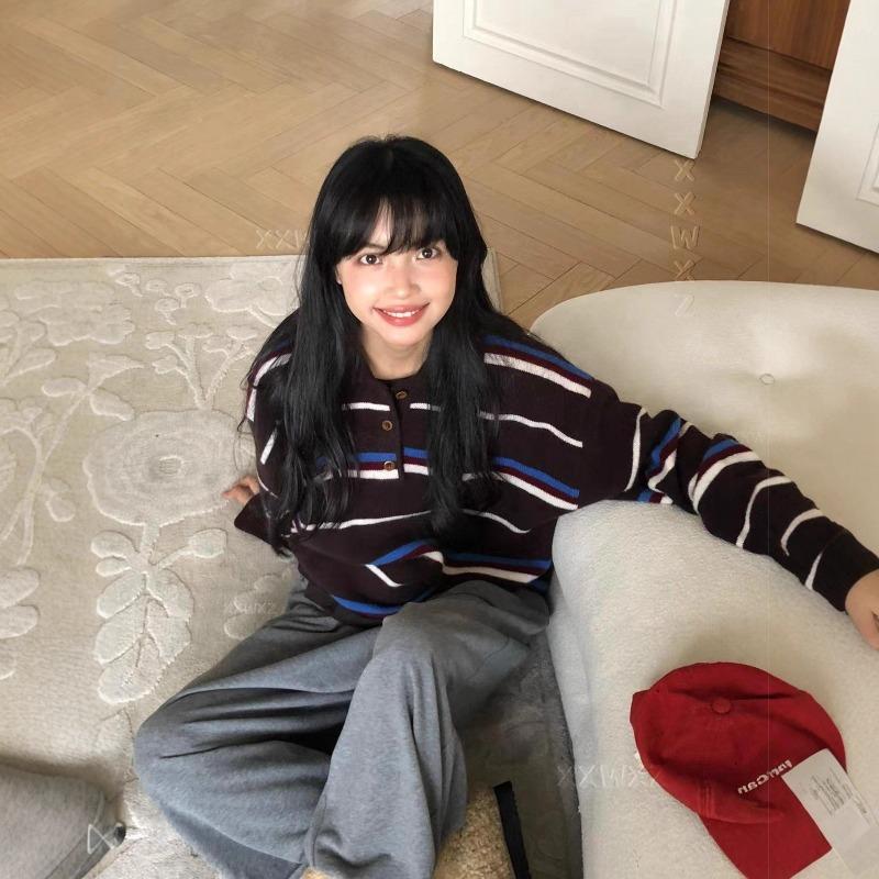 Early Autumn New Design Sense Retro Contrasting Color Striped Casual Knitted Sweater Women