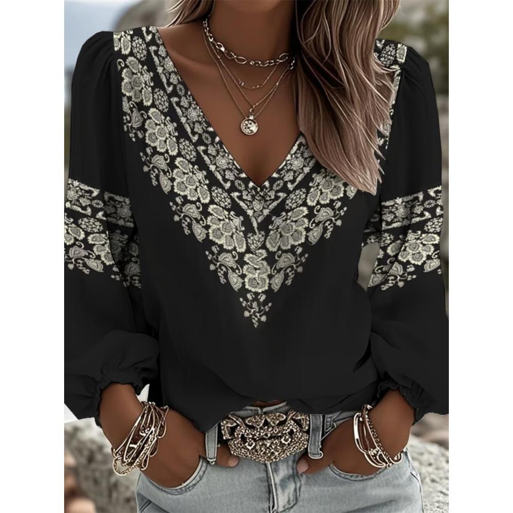 Printed retro V-neck women s geometric pattern long-sleeved top, new style women s retro western-style printed V-neck blouse S