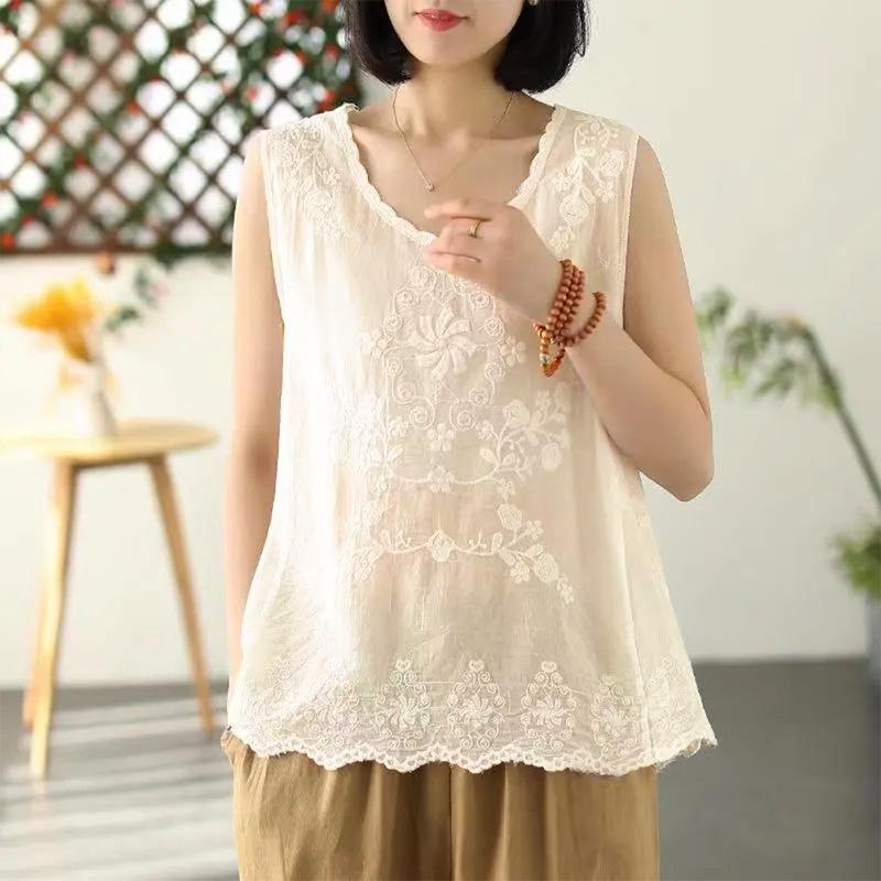 Женская летняя майка без рукавов с ретро-вышивкой и кружевом 2025 One Size