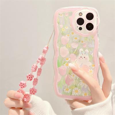 Niedliche rosa Blumen-Kaninchen-Wellen-Handyhülle mit Beacelet für Iphone 13 12 11 Pro Xs Max X Xr 7 8 Plus Kawaii Cover Funda