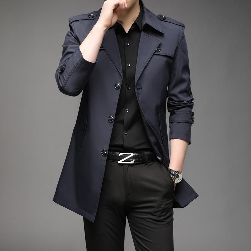 Pánský klasický trenčkot Pánská větrovka Kabát Jednobarevný Business Casual Dlouhá bunda Pánské oblečení Svrchní oděvy Kabáty