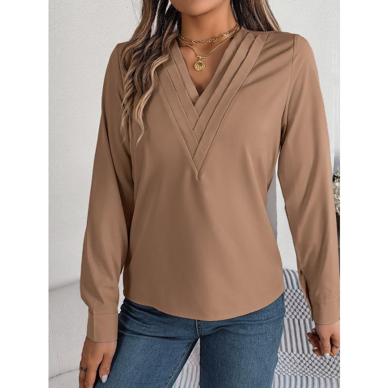 Women's Fall and Winter Elegant Solid Color Layered V-neck Long-sleeved Shirt