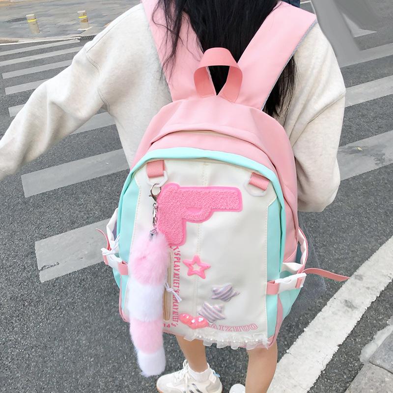 Schoolbag Unisex Kids Pink Japanese Retro Female Junior High School Student Fashion Harajuku Computer Backpack High School Student Travel Backpack Tide