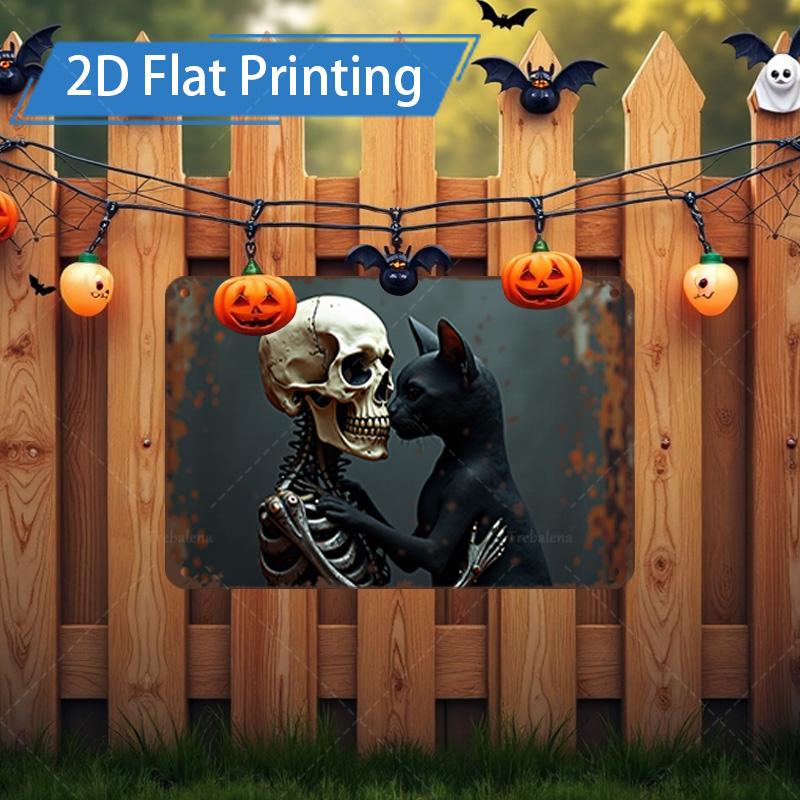 D FLAT pc Metal Sign Halloween Skull Cat D Flat Print Metal Art Decor 20x30cm(7.8x11.8inch)