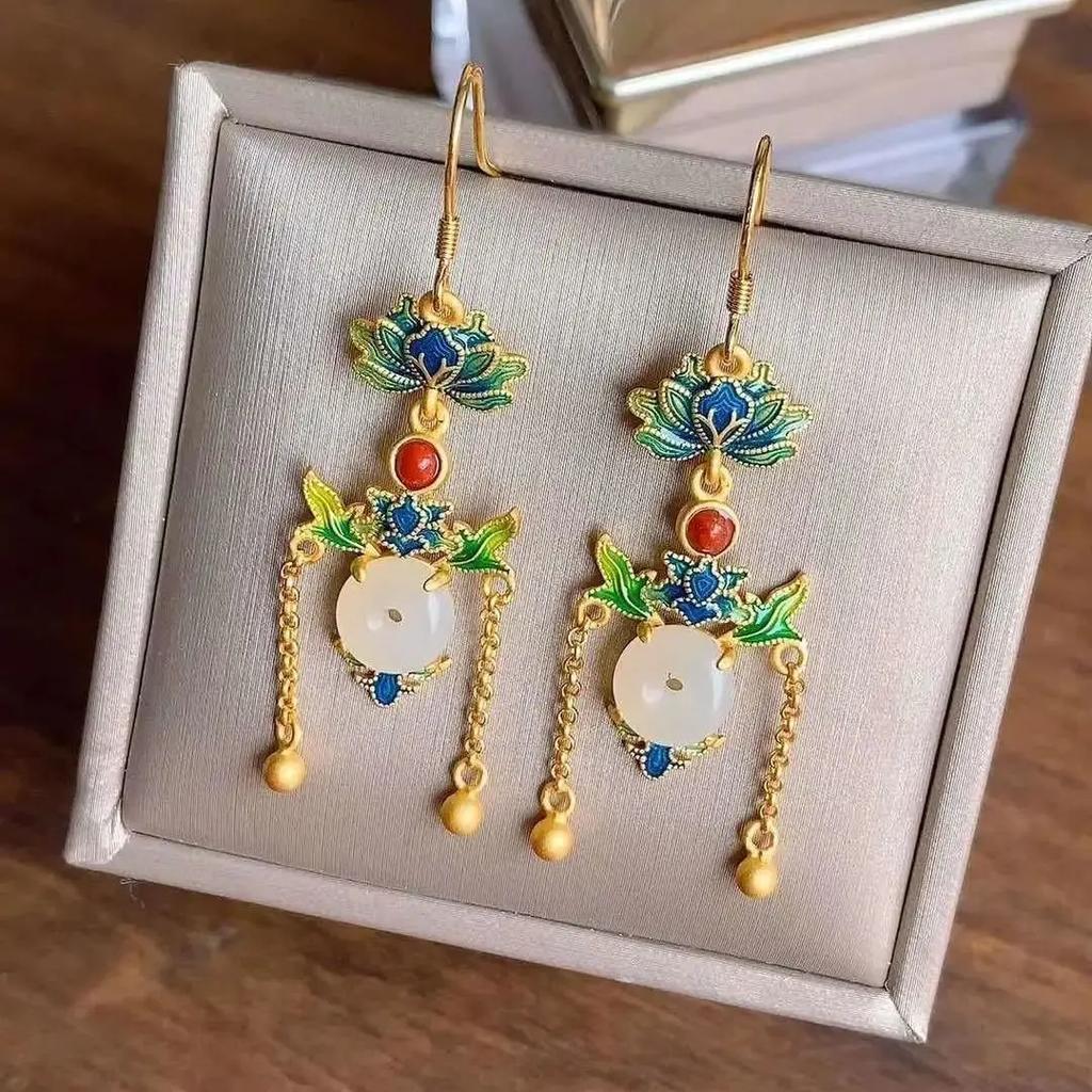New Gutta Enamel Porcelain Original Tassel Earrings Chinese Retro Court Style Light Luxury Noble Elegant Charm Women'S Jewelry