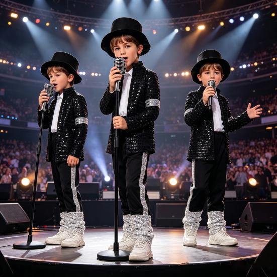 Musician Halloween Costume Set for Kids, Black Sequin Jacket, Trousers, Hat, Gloves, 80s 90s Retro Stage Outfits for Disco Party, Fancy Dress