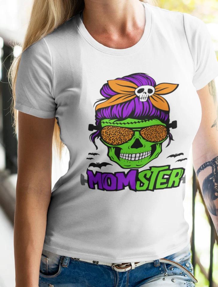 Momster Halloween T-Shirt - Funny Mom Skull Graphic Tee - Spooky Cute Shirt S