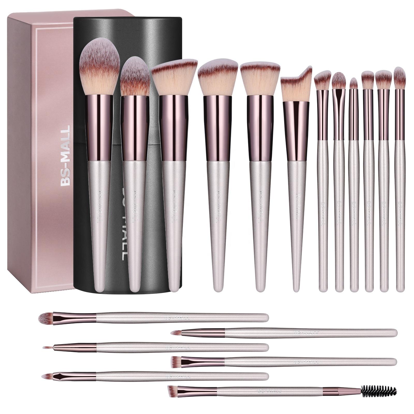 BS-MALL Hochwertiges Gesicht Make-up Pinsel Werkzeug 18 Stück Champagner Gold Benutzerdefiniertes Logo OEM Synthetische Vegane Pinsel Make-up Set regular size