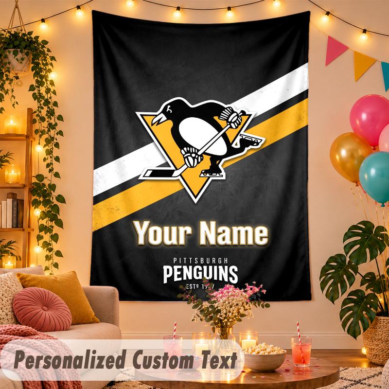 Pittsburgh Penguins Personalisierte Wandteppich Benutzerdefinierter Name Text Polyester Hängende Dekoration Haus Zimmer