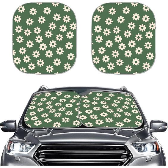 

Green Hippie 70S 80S Groovy Daisy Flower Windshield Sunshade for Car Truck SUV Van Sun Shade Block UV Rays Auto Interior Accessories Foldable Sun