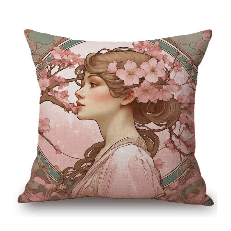 Mucha Style Floral Princess Girl Pink Purple Blue Pretty Flower Daughter Room Decoration Sofa Pillow Case Spring Cushion Cover