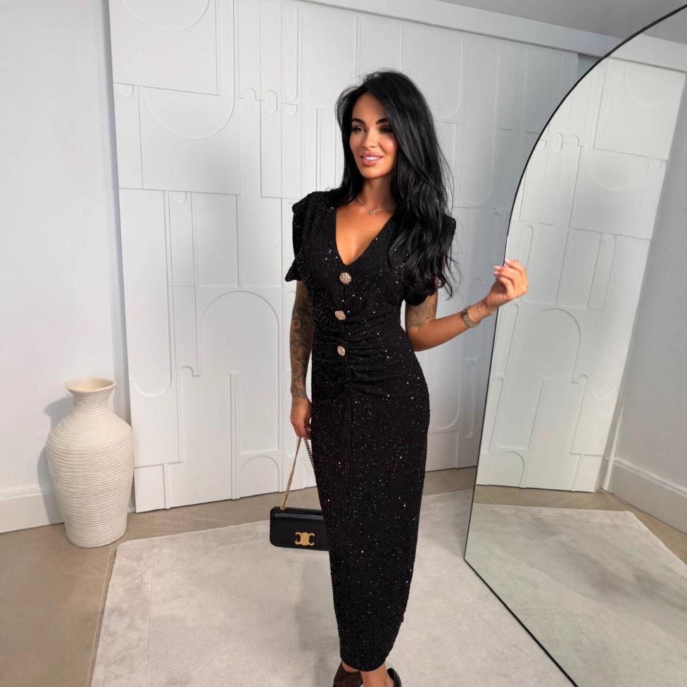 2025 Silver Sequin V-Neck Slit Bodycon Skirt XL чёрный