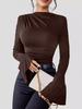 Women's Autumn-Winter Pleated Base Layer Top with Flare Sleeves and Half High Neck